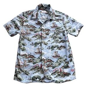 Percival Cuban Camp Collar Shirt Men S Blue Aloha Short Sleeve Japanese Scenic